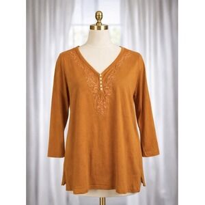 Lauren Ralph Lauren Knit Top Orange Embroidered V Neck 3/4 Sleeve Size Medium